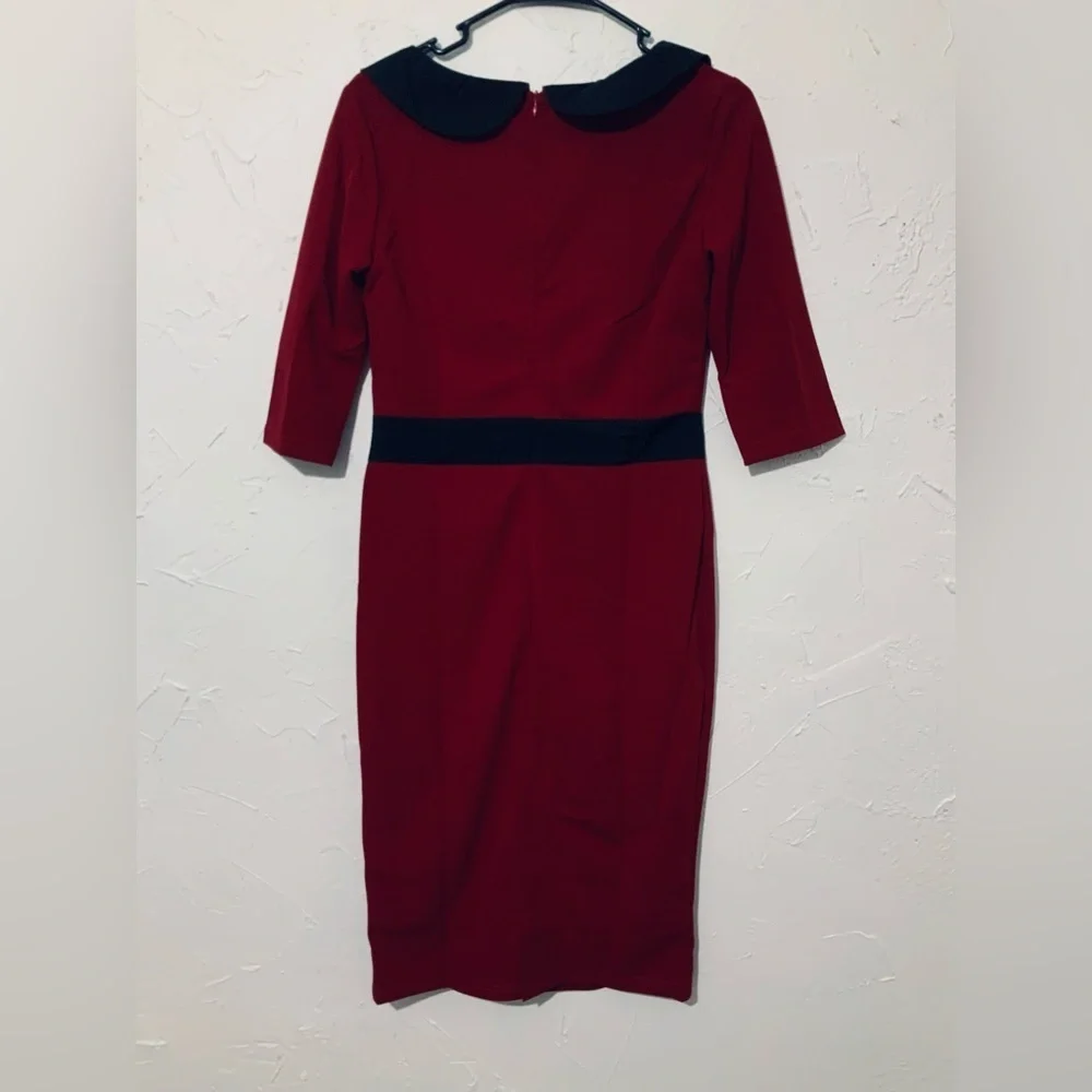 Red Bodycon Pencil Dress | Black Trim | Knee Length | Retro Chic Sz Medium